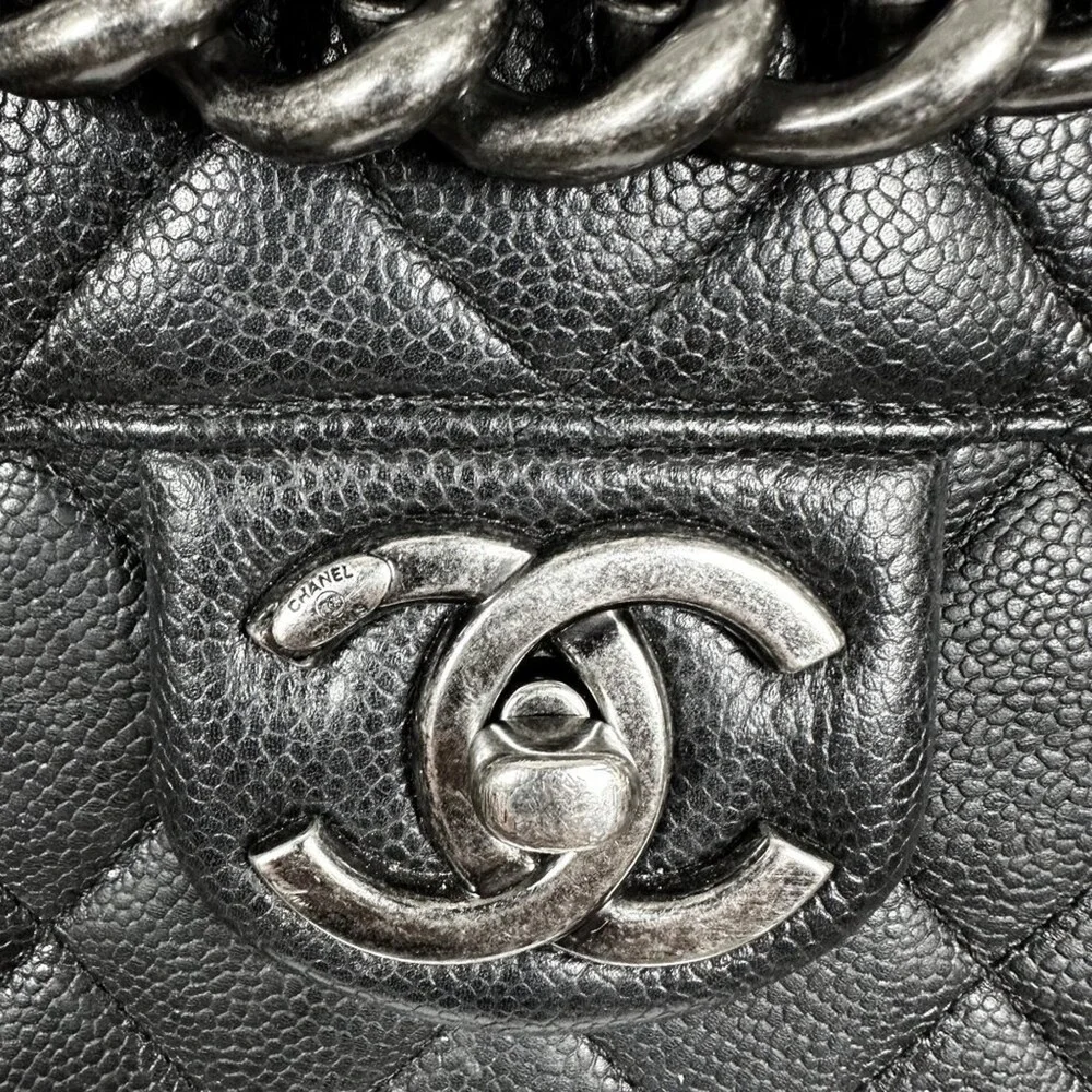 Chanel Black Caviar‎ Leather Quilted Flap Shoulder Bag Silver CC Chain